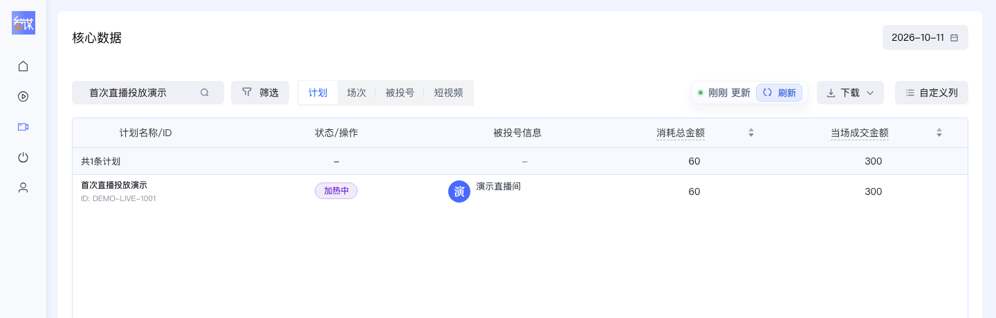 查看直播计划加热中的消耗和成交